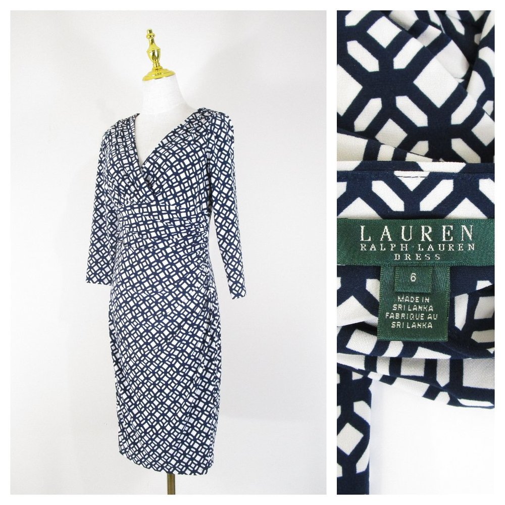 Lauren Ralph Lauren Womens Navy White V-Neck Sheath Dress Size 6 Formal Business